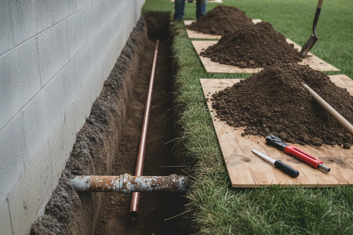 Excavated water line trench during Water Softener Installation in Mormon Lake